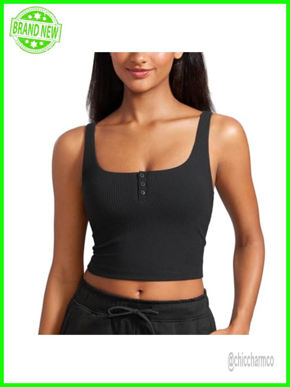 Ribbed Henley Crop Tank Top with Built-in Bra Yoga Casual